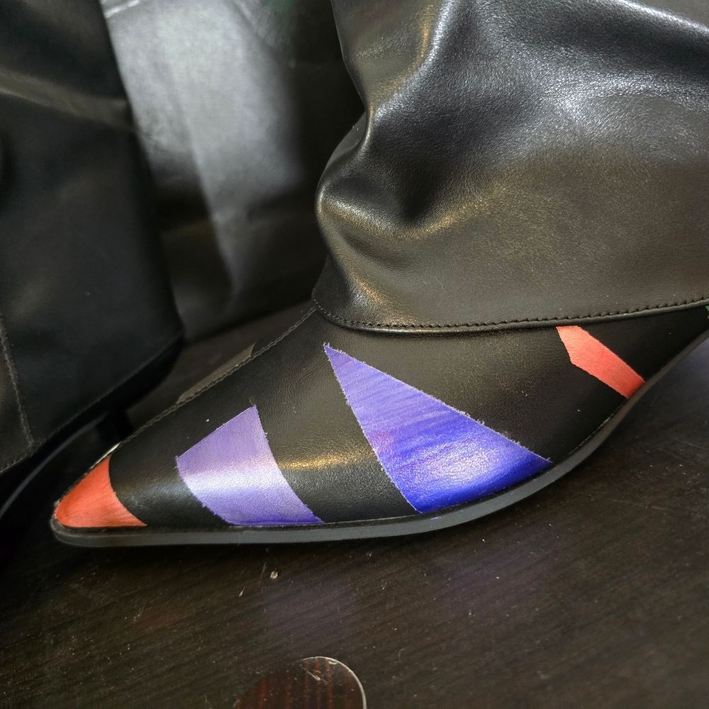 HANDCRAFTED Upcycled Abstract Ankle Boots HANDPAINTED Kitten Heel Slouch Booties - Picture 12 of 16